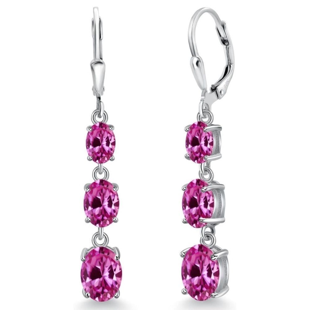 925 Sterling Silver with 6.10 Cttw 3 Stone Pink Sapphire Leverback Drop Earrings